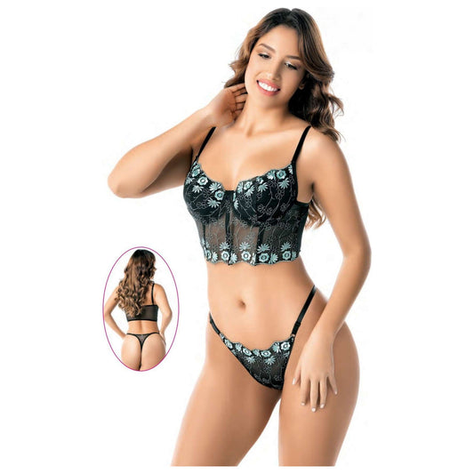 Green Flower black Bra Panty Set